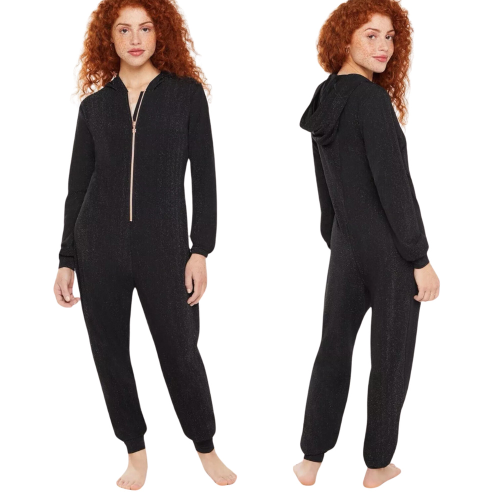 Savage X Fenty Jumpsuit Womens‎ Medium Black Sleep & Shine Hooded Glitter Casual